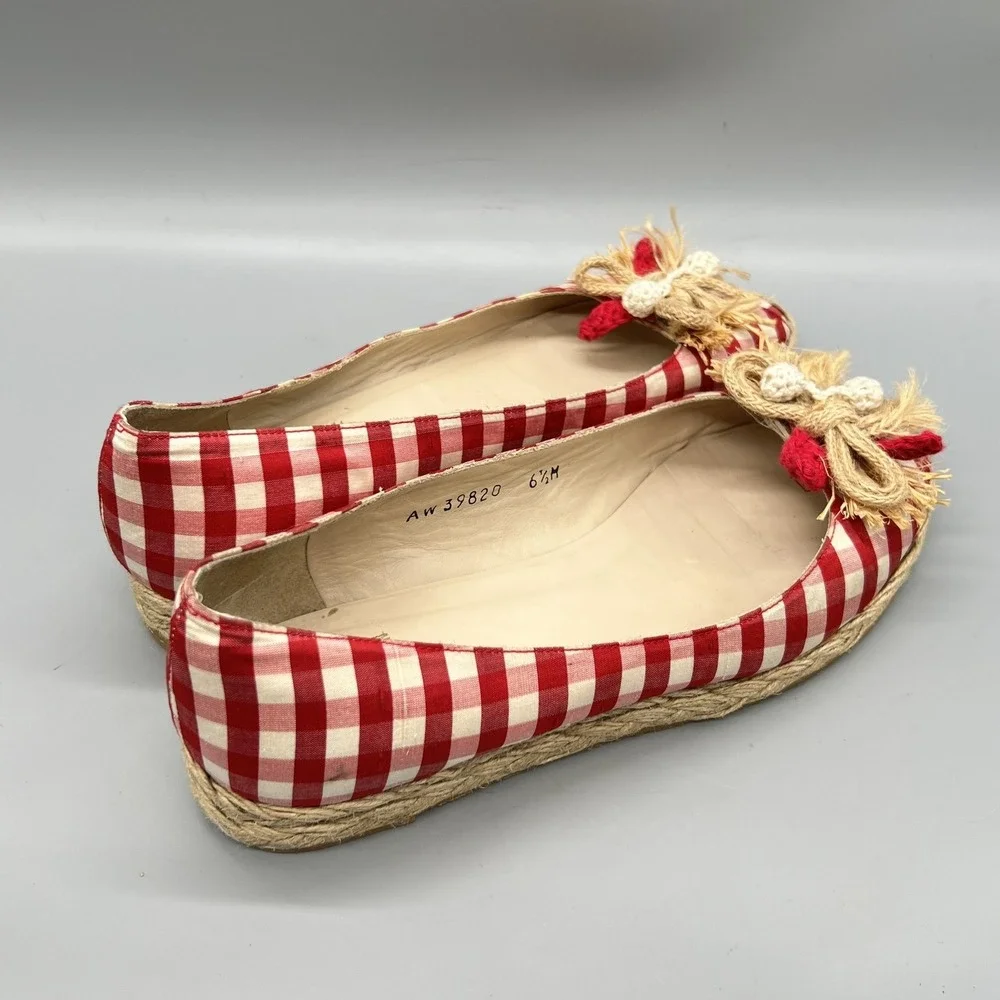 Stuart Weitzman Shoes Womens 6.5 Red Gingham Cotton Espadrille Flats Bow Vtg